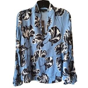 Catherine Malandrino womens Floral Peasant Blouse Top size XS Blue & Black $68